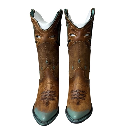 Corral Brown NIB W7 Turquoise and Brown Leather Studded Cut Out Western Boots - Picture 2 of 15